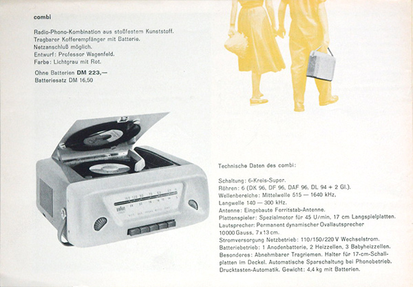 BRAUN Prospektseite mit &bdquo;Combi&ldquo; Radio-Phono-Kofferradio (WVZ 581) von 1955.