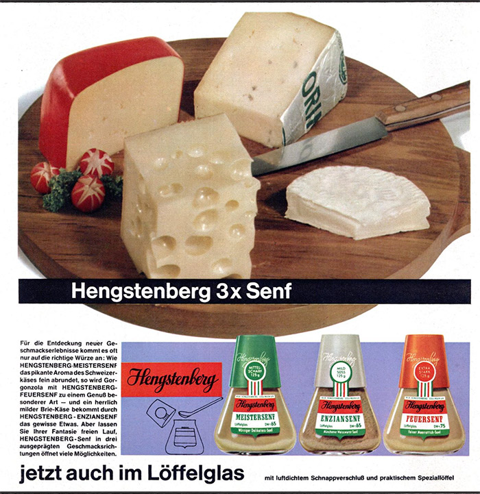 Hengstenberg Anzeige f&uuml;r Senf im L&ouml;ffelglas. 
Senfglasentwurf von Wilhelm Wagenfeld 1958. (WVZ 583).